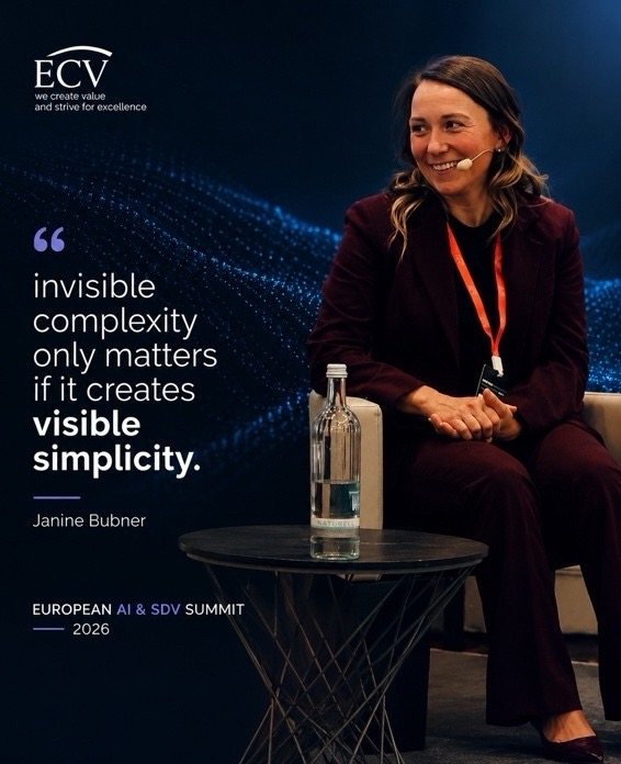 Janine Bubner at the European AI and SDV Summit with the quote invisible complexity only matters if it creates visible simplicity